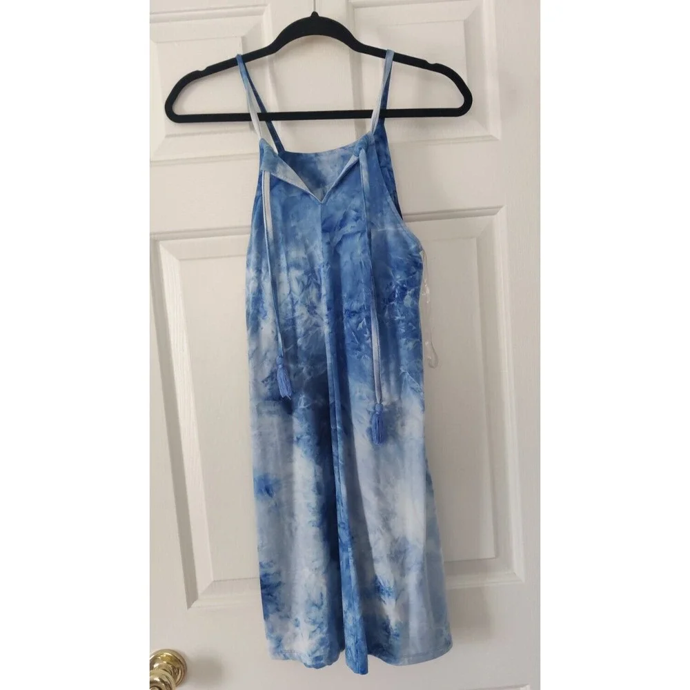 WallFlower Blue Tie Dye Halter Mini Dress with Tassels Womens Small